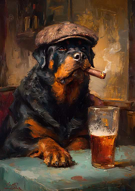 Rottweiler with Cigar and Beer Painting