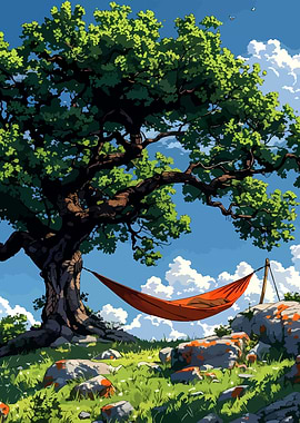 Hammock under a tree on a hill