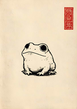 Frog Illustration with Japanese Seal