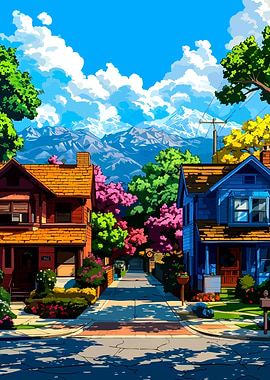 Colorful Suburban Street with Mountain View