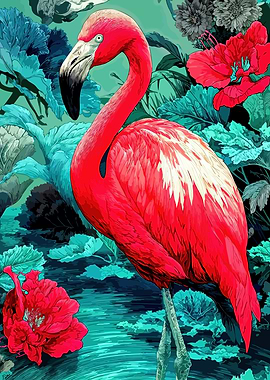 Vibrant Flamingo in Floral Setting