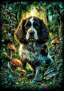Springer Spaniel in a Mushroom Forest