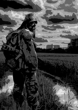 Post-Apocalyptic Soldier in Grayscale Landscape
