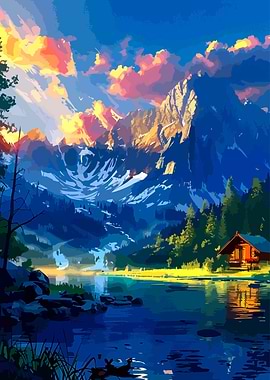 Mountain Lake Cabin Landscape Painting