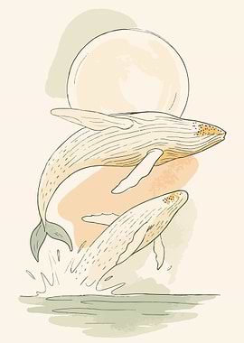 Breaching Whales and Moon Ocean Sketch