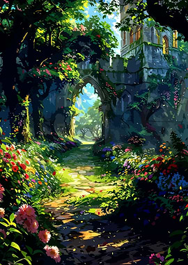 Enchanted Garden Path to Castle Ruins