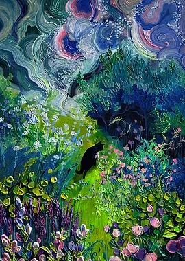 Black Cat in Garden Painting