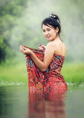 Woman in Water with Floral Sarong