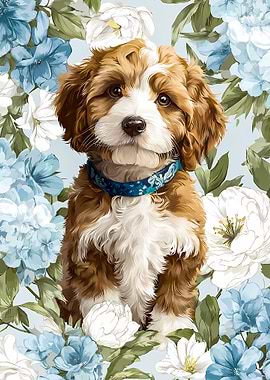 Puppy with Floral Background