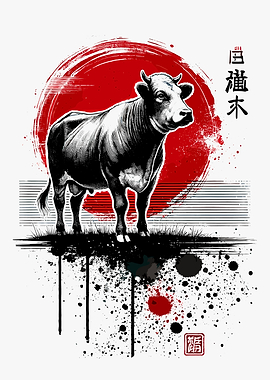 Cow with Japanese Sun and Ink