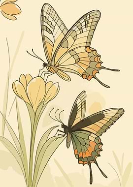 Vintage Swallowtail Butterflies and Crocus Flowers
