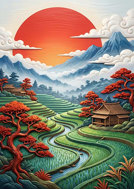 Japanese Rice Terraces with Red Sun