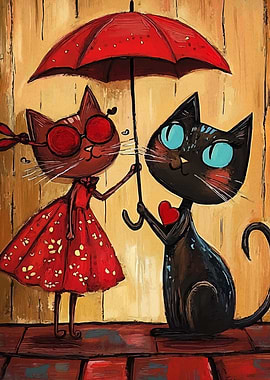 Cats in Love Under Umbrella Painting