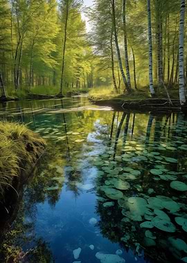 Serene Forest Stream with Lily Pads