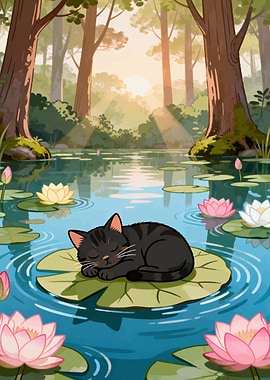 Cat Sleeping on Lily Pad