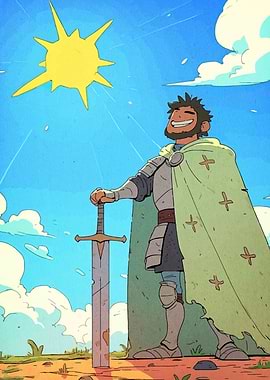 Smiling Knight with Sword in Sunlight