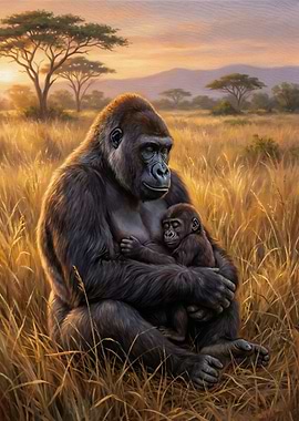 Gorilla Mother and Baby in Savannah