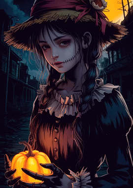 Scarecrow Girl with Pumpkin