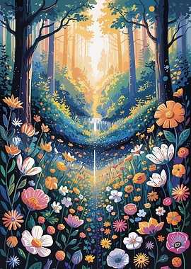 Floral Path Through Forest