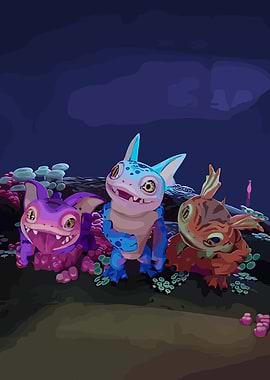 Cartoon Creatures in a Dark Landscape