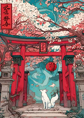 Japanese Shrine with Fox and Cherry Blossoms