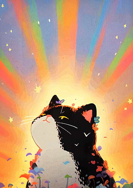 Radiant Cat with Rainbow Rays