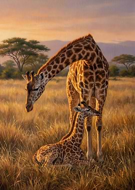 Giraffe Mother and Calf in Savannah