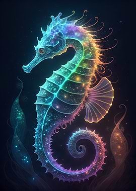Neon Seahorse in Dark Water