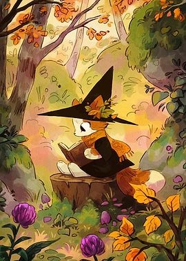 Fox Witch Reading in Autumn Forest