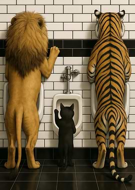 Lion, Tiger, and Cat at Toilet