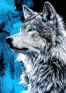 Wolf Portrait with Blue Forest Background