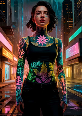 Tattooed Woman in Cityscape