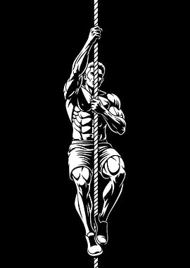 Muscular man climbing rope, black and white