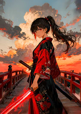 Anime Samurai Girl with Glowing Katana - Ronin Sunset Warrior