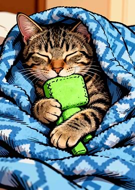 Sleeping Cat with Toy in Blanket