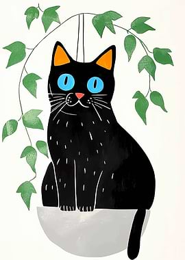 Black Cat in Hanging Plant Pot