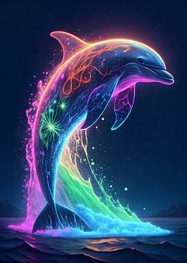 Neon Dolphin Leaping from the Sea