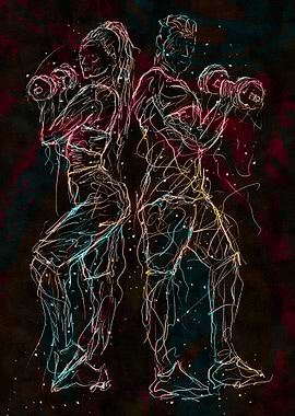 Abstract Fitness Duo with Dumbbells