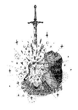 Sword through stone head, black and white