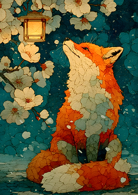 Fox under lantern with cherry blossoms