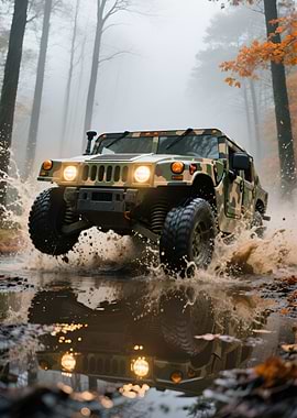Camouflaged Hummer Splashing Through Water