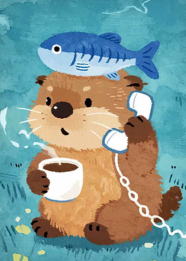Otter with Fish, Coffee, and Phone