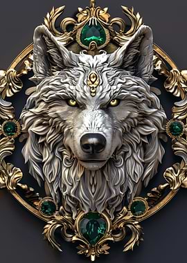 Ornate Wolf Head with Emeralds