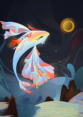 Abstract Fish Under Crescent Moon