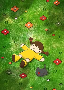 Girl and Cat in Flower Meadow