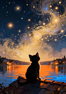 Cat gazing at the starry sky