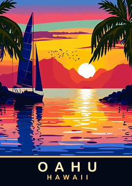 Oahu Hawaii Sunset Sailboat Pixel Art