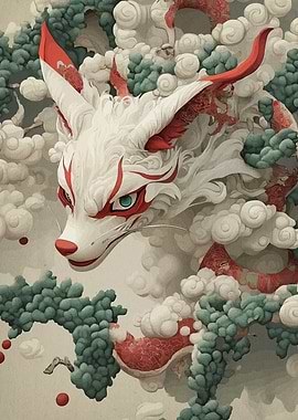 Kitsune Fox in Clouds and Trees
