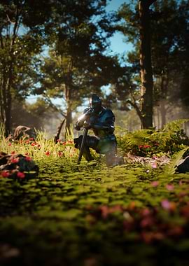 Knight kneeling in forest