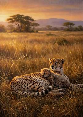 Cheetah and Cub in Savannah